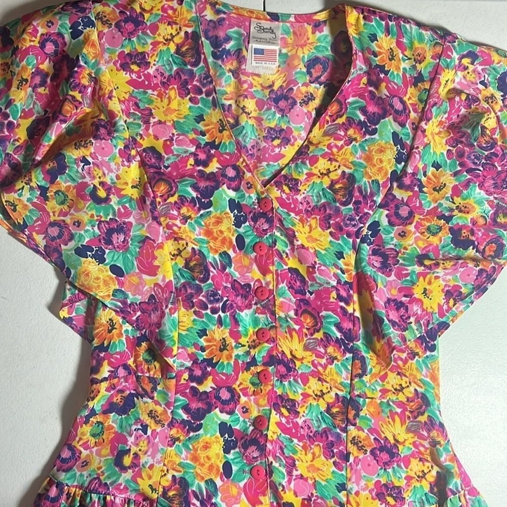 Sandy Sandy Floral Ruffle Dress Women 9/10 Multi 80s Tiered Garden Party Retro - Picture 8 of 8